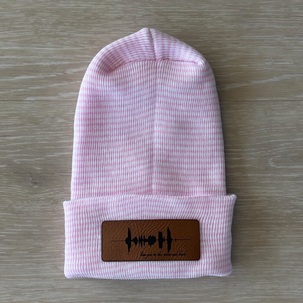 NEW Love You To The Moon Cotton Baby Beanie Newborn Pink White Stripe Minimalist